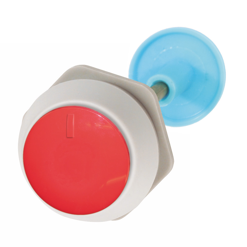 Кнопка грибовидная красная с фиксацией для корпуса, в отверстие 22,5мм, ∅28мм, IP65, с серым кольцом RAL7035 и самонастраиваемым по длине штифтом (22-60мм) B2GP-60 Benedict