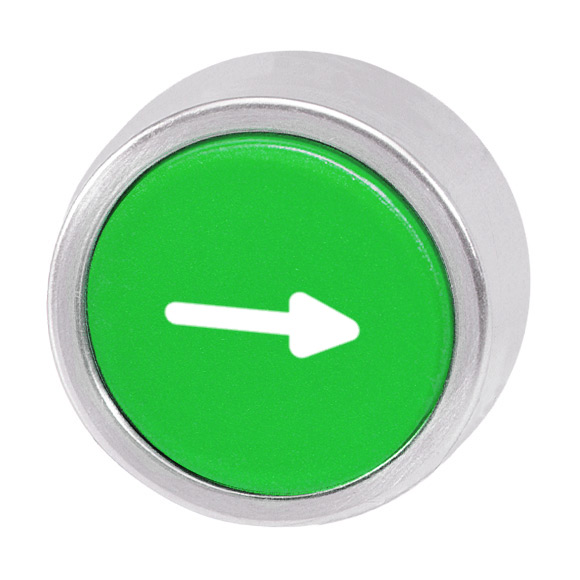 Кнопка зеленая без фиксации, в отверстие 22,5мм, IP67, с кольцом цвета "алюминий", c маркировкой "-->" B3D GN-PF Benedict