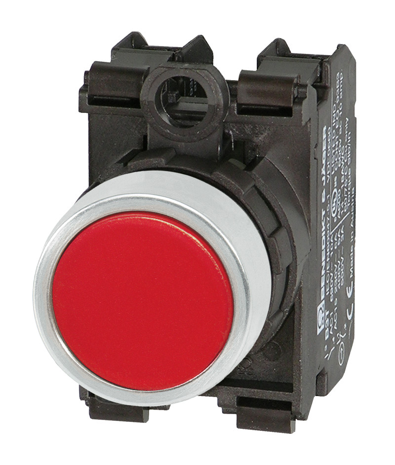 Кнопка красная без фиксации в сборе, в отверстие 22,5мм, IP67, с кольцом цвета "алюминий", без маркировки, (1NC+1NO) B3D RT/11 Benedict