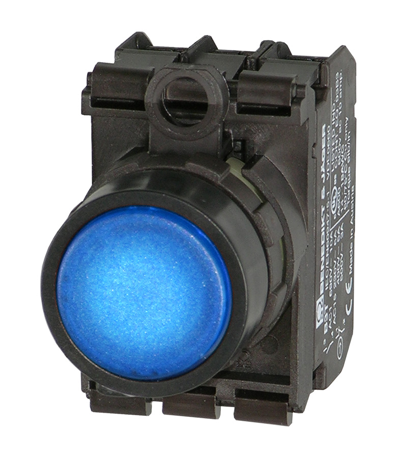 Кнопка синяя с подсветкой в сборе, в отверстие 22,5мм, IP67, (1NO + 1NC) + LED 20-30V AC/DC BS3DL BL/11/L24 Benedict