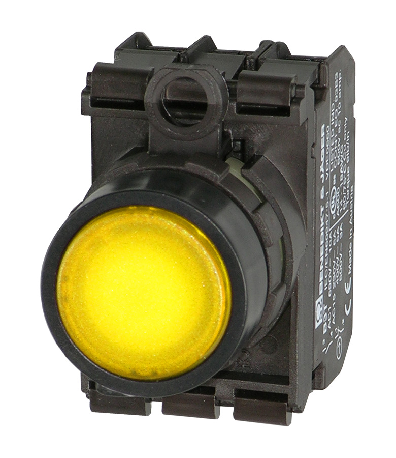 Кнопка желтая с подсветкой в сборе, в отверстие 22,5мм, IP67, (1NO + 1NC) + LED 20-30V AC/DC BS3DL GE/11/L24 Benedict