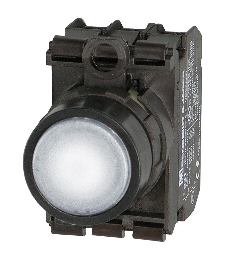 Кнопка белая с подсветкой в сборе, в отверстие 22,5мм, IP67, (1NO + 1NC) + LED 200-250V AC/DC BS3DL WS/11/L230 Benedict
