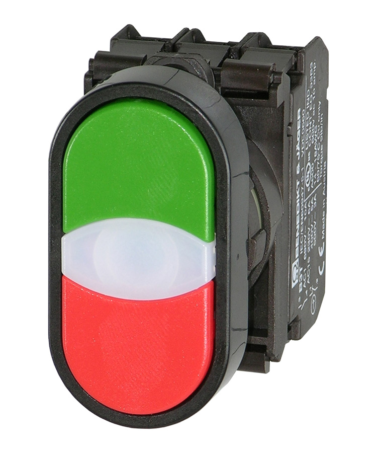 Кнопка двойная без фиксации с подсветкой (зеленая/красная) в сборе, в отверстие 22,5мм, IP67, с белым индикатором, с кольцом черного цвета, без маркировки, (1NO + 1NC) + светодидная лампа 20-30V AC/DC) BS3DT G/R/11/L24 Benedict