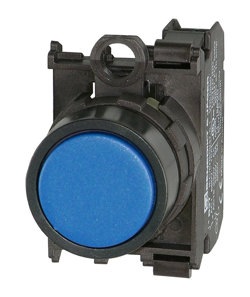 Кнопка синяя без фиксации в сборе, в отверстие 22,5мм, IP67, с кольцом черного цвета, без маркировки, (1NO) BS3D BL/10 Benedict