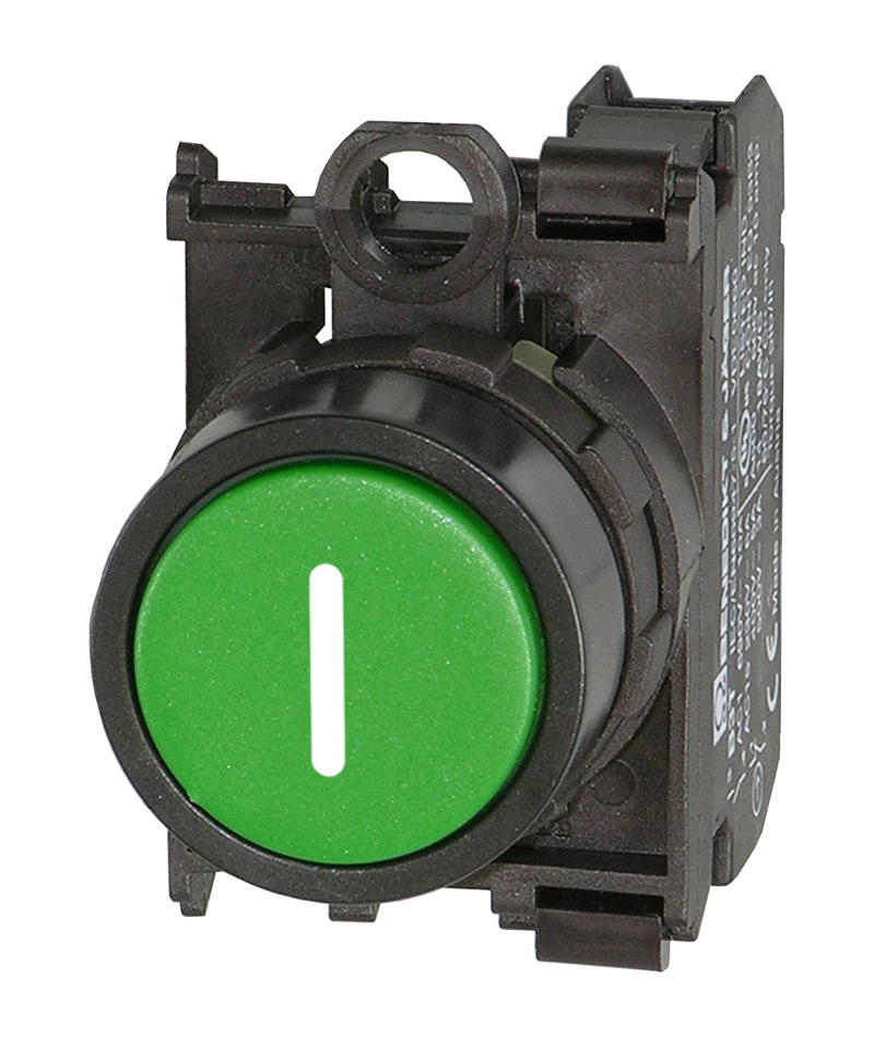 Кнопка зеленая без фиксации, в сборе в отверстие 22,5мм, IP67, с кольцом черного цвета, с маркировкой "I", (1NO) BS3D GN-I/10 Benedict