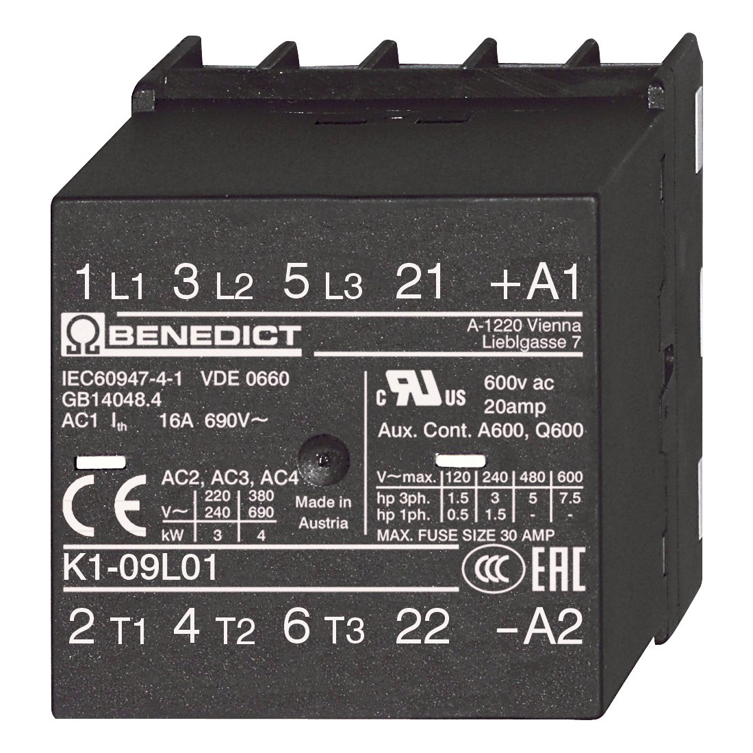 Миниконтактор 9А 3П(1НЗ) для печатной платы 220-230В AC с фильтром K1-09L01 230VS Benedict