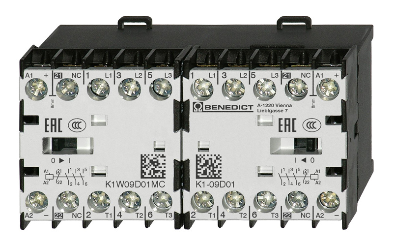Реверсивный миниконтактор 9А 3П(1НЗ) 24В DC с фильтром K1W09D01MC= 24VS Benedict