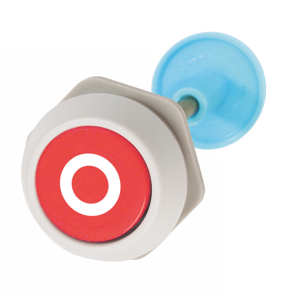 Кнопка "Стоп" красная для корпуса, в отверстие 22,5мм, IP65, с серым кольцом RAL7035 и самонастраиваемым по длине штифтом (8-22мм), с маркировкой "0" B2G0-22 Benedict