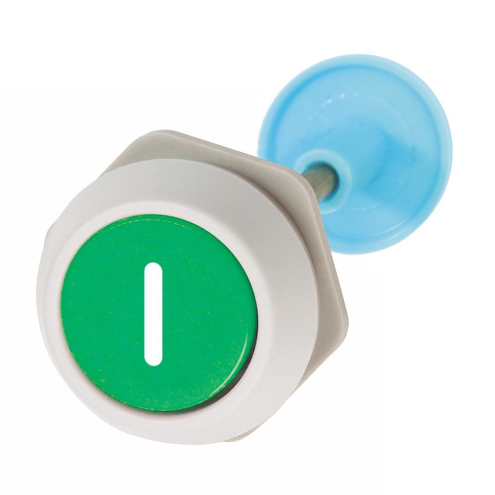 Кнопка "Старт" зеленая для корпуса, в отверстие 22,5мм, IP65, с серым кольцом RAL7035 и самонастраиваемым по длине штифтом (8-22мм), с маркировкой "I" B2GI-22 Benedict