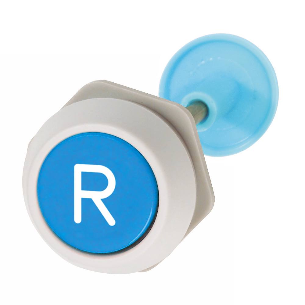 Кнопка "Сброс" синяя для корпуса, в отверстие 22,5мм, IP65, с серым кольцом RAL7035 и самонастраиваемым по длине штифтом (8-22мм), с маркировкой "R" B2GRB-22 Benedict