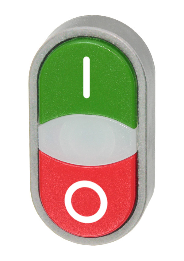 Кнопка двойная без фиксации с подсветкой (зеленая/красная), в отверстие 22,5мм, IP67, с белым индикатором, с кольцом цвета "алюминий", с маркировкой (I-0) B3DT GI/R0 Benedict