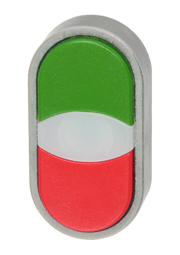 Кнопка двойная без фиксации с подсветкой (зеленая/красная), в отверстие 22,5мм, IP67, с белым индикатором, с кольцом цвета "алюминий", без маркировки B3DT G/R Benedict