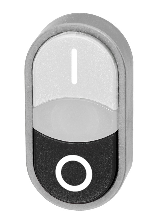 Кнопка двойная без фиксации с подсветкой (белая/черная), в отверстие 22,5мм, IP67, с белым индикатором, с кольцом цвета "алюминий", с маркировкой (I-0) B3DT WI/S0 Benedict
