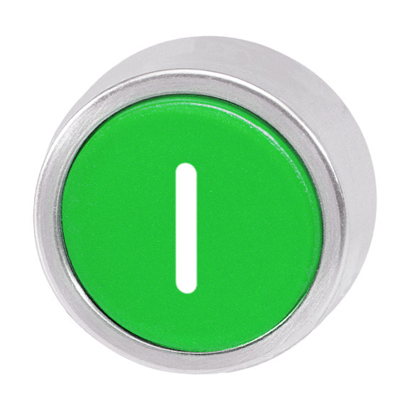 Кнопка зеленая без фиксации, в отверстие 22,5мм, IP67, с кольцом цвета "алюминий", c маркировкой "I" B3D GN-I Benedict