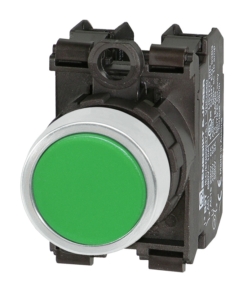 Кнопка зеленая без фиксации в сборе, в отверстие 22,5мм, IP67, с кольцом цвета "алюминий", без маркировки, (1NC+1NO) B3D GN/11 Benedict