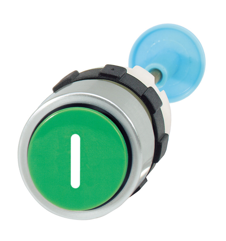 Кнопка "Старт" зеленая для корпуса, в отверстие 22,5мм, IP65, с металлическим кольцом и самонастраиваемым по длине штифтом (19,5-38,5мм), с маркировкой "I" B3GI-31,5 Benedict