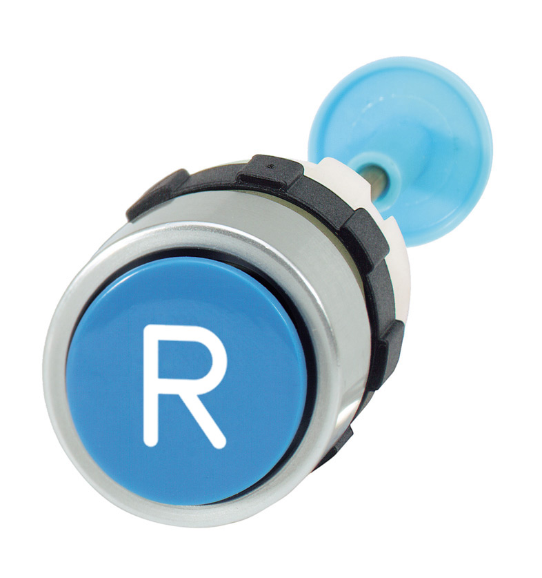 Кнопка "Сброс" синяя для корпуса, в отверстие 22,5мм, IP65, с металлическим кольцом и самонастраиваемым по длине штифтом (19,5-38,5мм), с маркировкой "R" B3GRB-31,5 Benedict