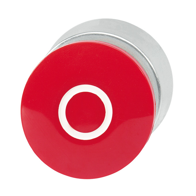 Кнопка аварийная красная, в отверстие 22,5мм, ∅28мм, высота 24мм, с кольцом цвета "алюминий", возврат поворотом, с маркировкой "0" B3P3 RT-0 Benedict