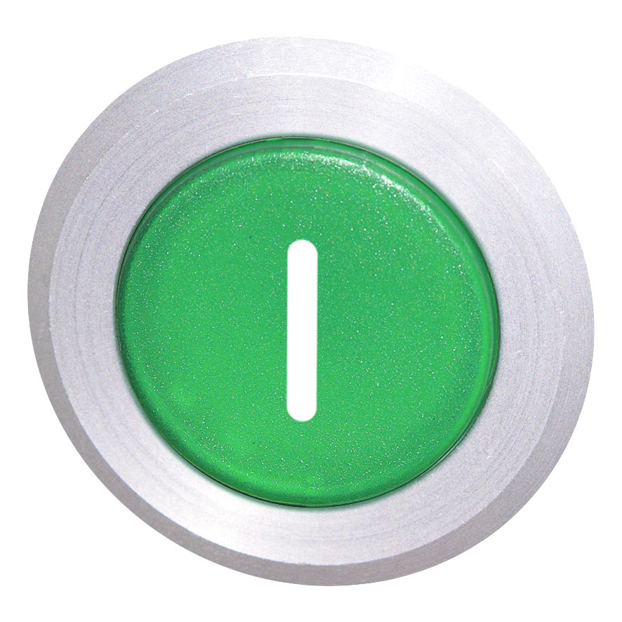 Кнопка зеленая без фиксаци, в отверстие 30,5мм, IP67, с кольцом цвета "алюминий", маркировка "I" B5D GN-I Benedict