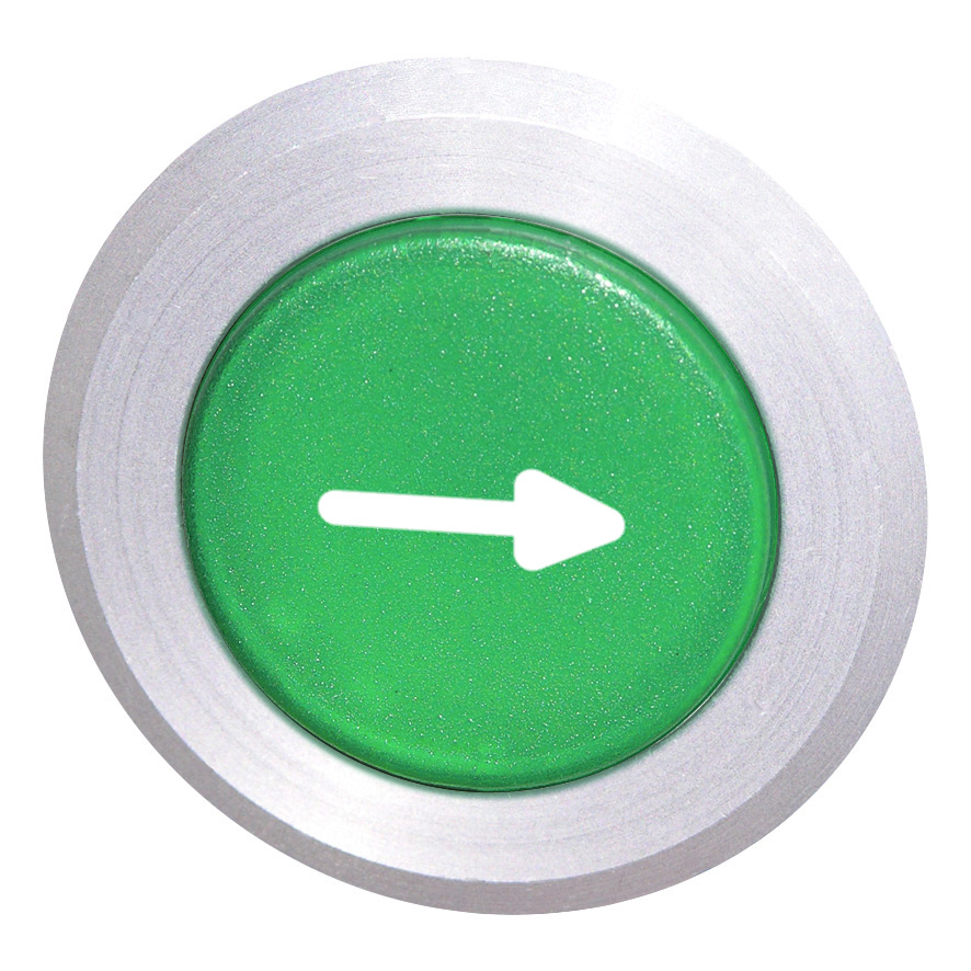 Кнопка зеленая без фиксаци, в отверстие 30,5мм, IP67, с кольцом цвета "алюминий", маркировка "-->" B5D GN-PF Benedict