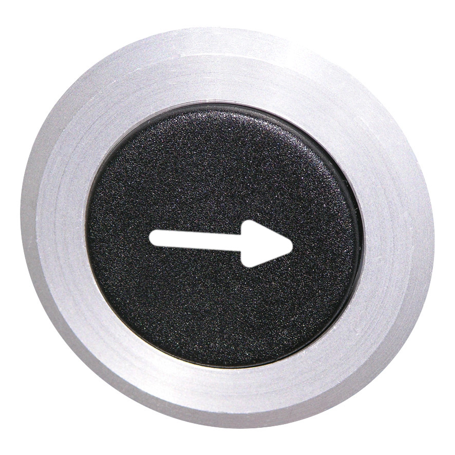 Кнопка черная без фиксаци, в отверстие 30,5мм, IP67, с кольцом цвета "алюминий", маркировка "-->" B5D SW-PF Benedict