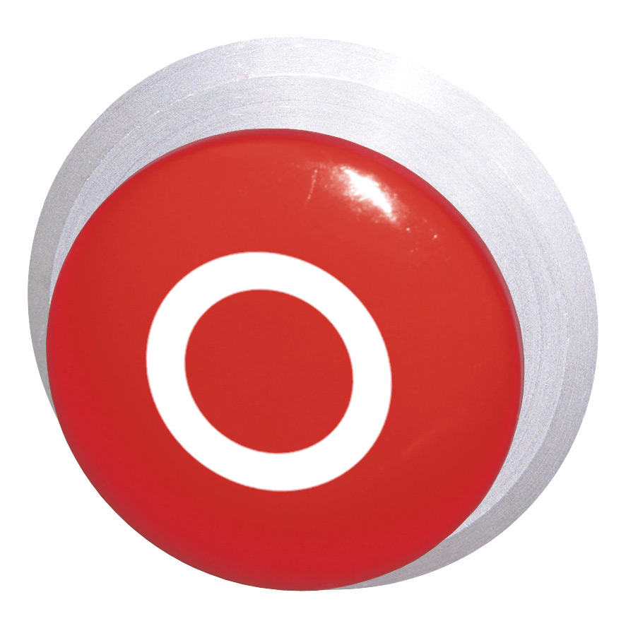 Кнопка красная грибовидная, в отверстие 30,5мм, ∅28мм, высота 11,5мм, IP67, с кольцом цвета "алюминий", с маркировкой "0" B5P1 RT-0 Benedict
