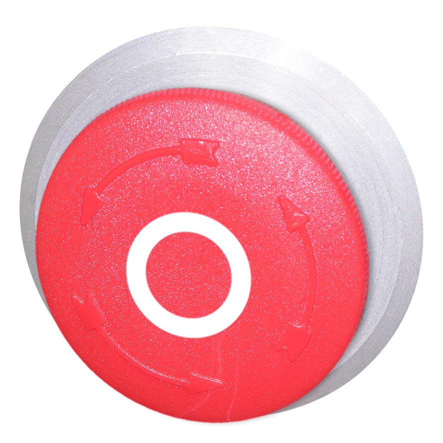Кнопка аварийного останова, в отверстие 30,5мм, ∅28мм, высота 11,5мм, с кольцом цвета "алюминий", возврат поворотом, с маркировкой "O" B5P3 RT-0 Benedict