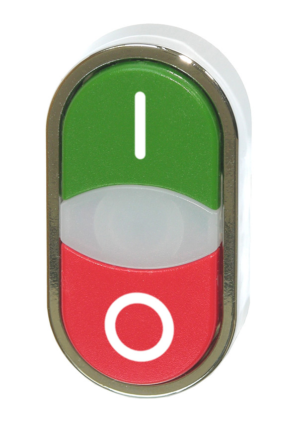 Кнопка двойная без фиксации с подсветкой (зеленая/красная), в отверстие 22,5мм, IP67, с белым индикатором, с кольцом цвета "хром", с маркировкой (I-0) BC3DT GI/R0 Benedict