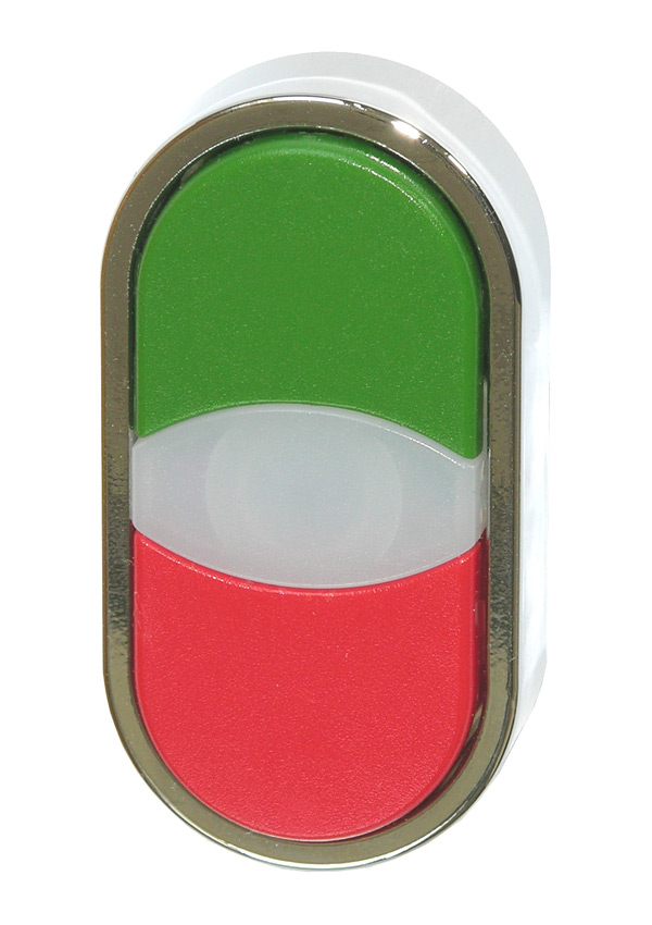 Кнопка двойная без фиксации с подсветкой (зеленая/красная), в отверстие 22,5мм, IP67, с белым индикатором, с кольцом цвета "хром", без маркировки BC3DT G/R Benedict