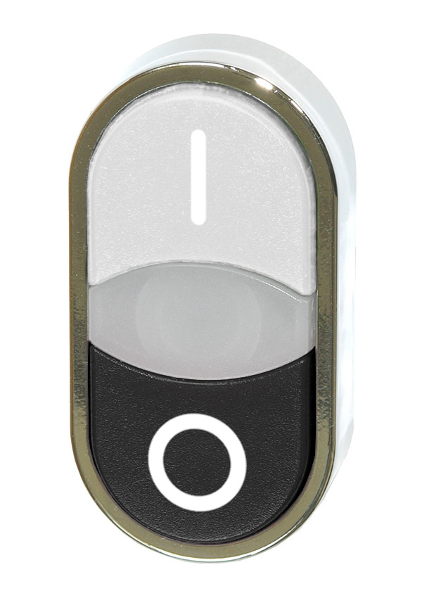 Кнопка двойная без фиксации с подсветкой (белая/черная), в отверстие 22,5мм, IP67, с белым индикатором, с кольцом цвета "хром", с маркировкой (I-0) BC3DT WI/S0 Benedict
