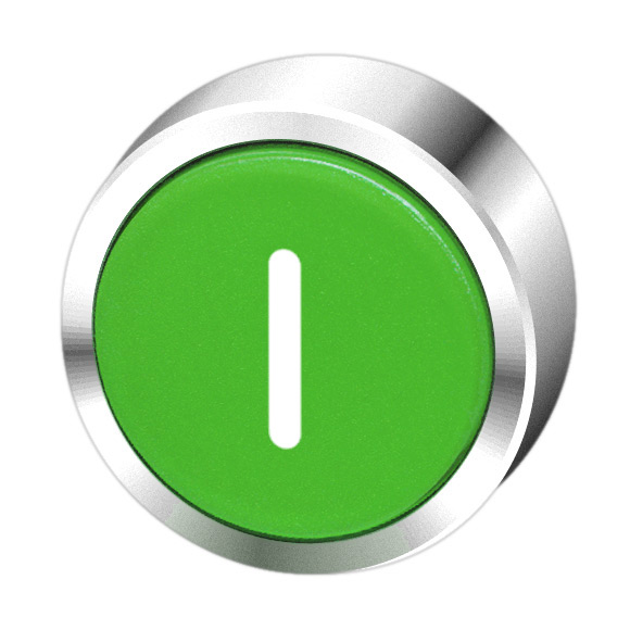 Кнопка зеленая без фиксации, в отверстие 22,5мм, IP67, с кольцом цвета "хром", с маркировкой "I" BC3D GN-I Benedict