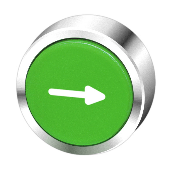 Кнопка зеленая без фиксации, в отверстие 22,5мм, IP67, с кольцом цвета "хром", с маркировкой "-->" BC3D GN-PF Benedict