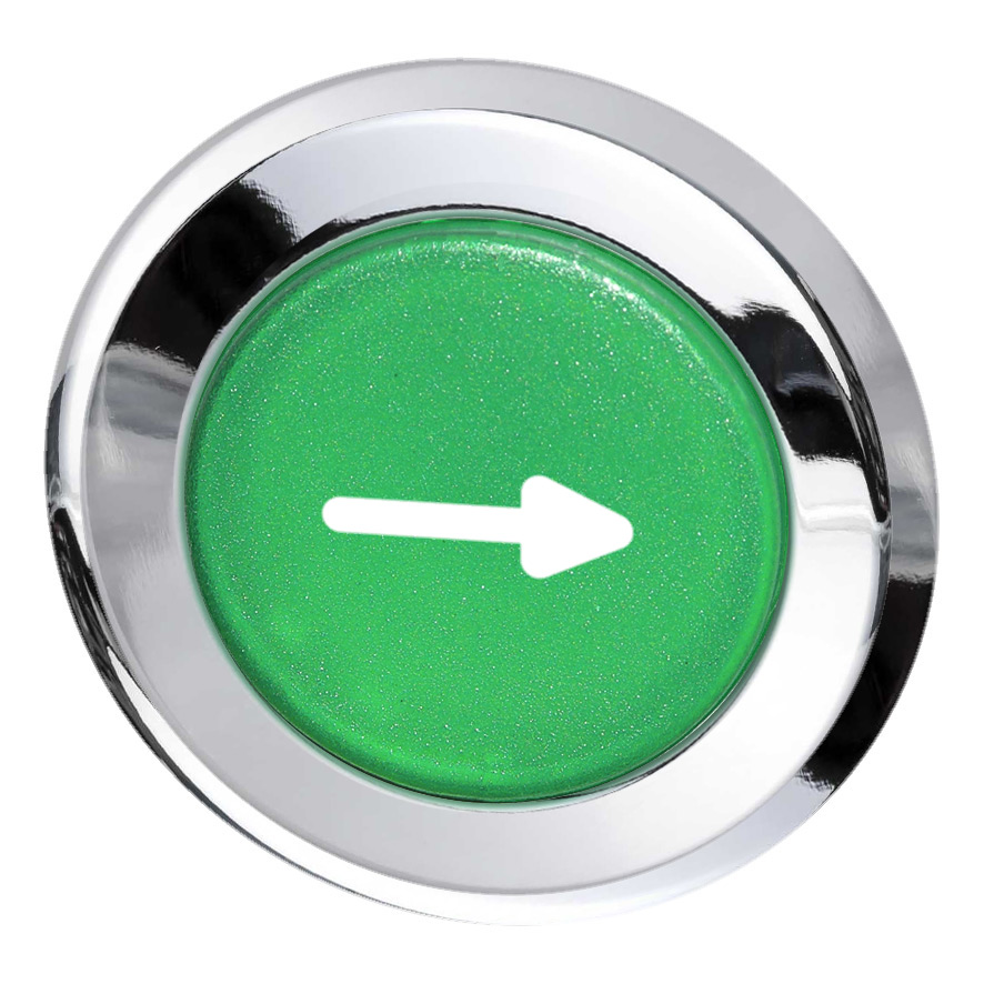 Кнопка зеленая без фиксаци, в отверстие 30,5мм, IP67, с кольцом цвета "хром", с маркировкой "-->" BC5D GN-PF Benedict