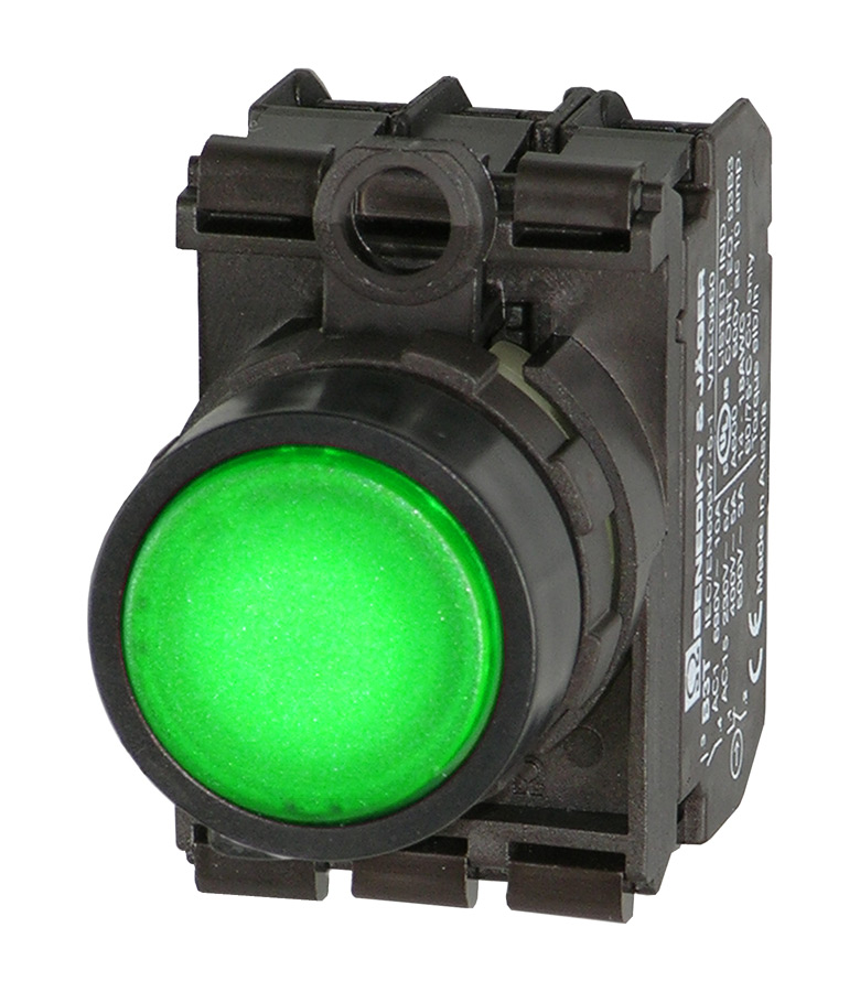 Кнопка зеленая с подсветкой в сборе, в отверстие 22,5мм, IP67, (1NO + 1NC) + LED 90-120V AC/DC BS3DL GN/11/L110 Benedict
