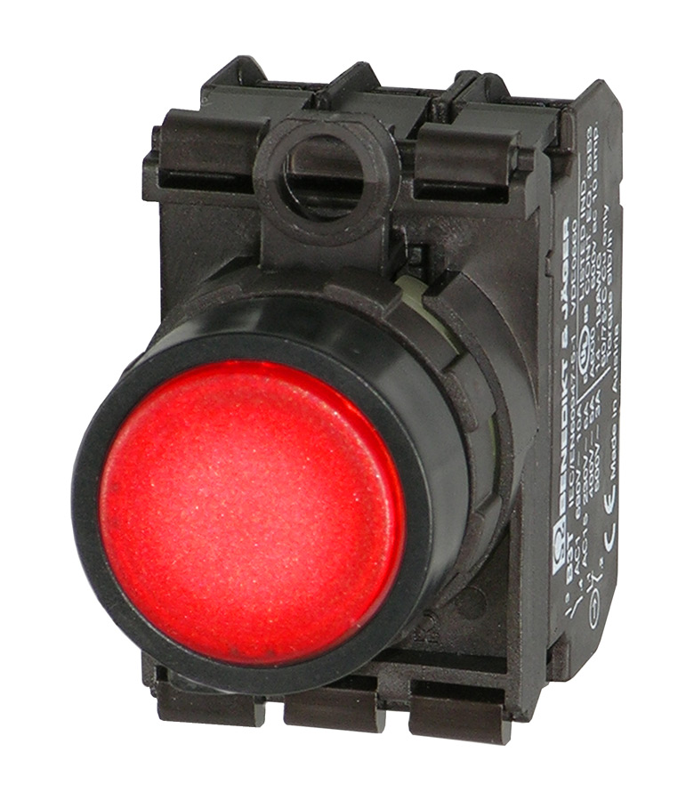 Кнопка красная с подсветкой в сборе, в отверстие 22,5мм, IP67, (1NO + 1NC) + LED 90-120V AC/DC BS3DL RT/11/L110 Benedict