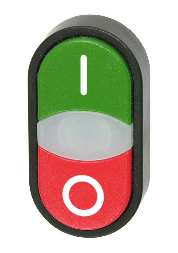 Кнопка двойная без фиксации с подсветкой (зеленая/красная), в отверстие 22,5мм, IP67, с белым индикатором, с кольцом черного цвета, с маркировкой (I-0) BS3DT GI/R0 Benedict