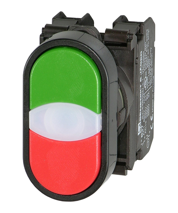 Кнопка двойная без фиксации с подсветкой (зеленая/красная) в сборе, в отверстие 22,5мм, IP67, с белым индикатором, с кольцом черного цвета, без маркировки, (1NO + 1NC), без лампы BS3DT G/R/11 Benedict
