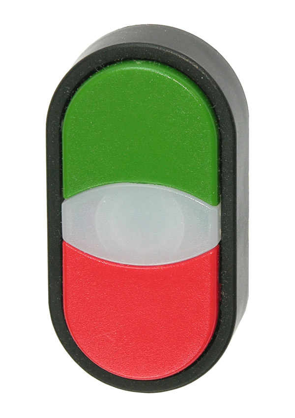 Кнопка двойная без фиксации с подсветкой (зеленая/красная), в отверстие 22,5мм, IP67, с белым индикатором, с кольцом черного цвета, без маркировки BS3DT G/R Benedict