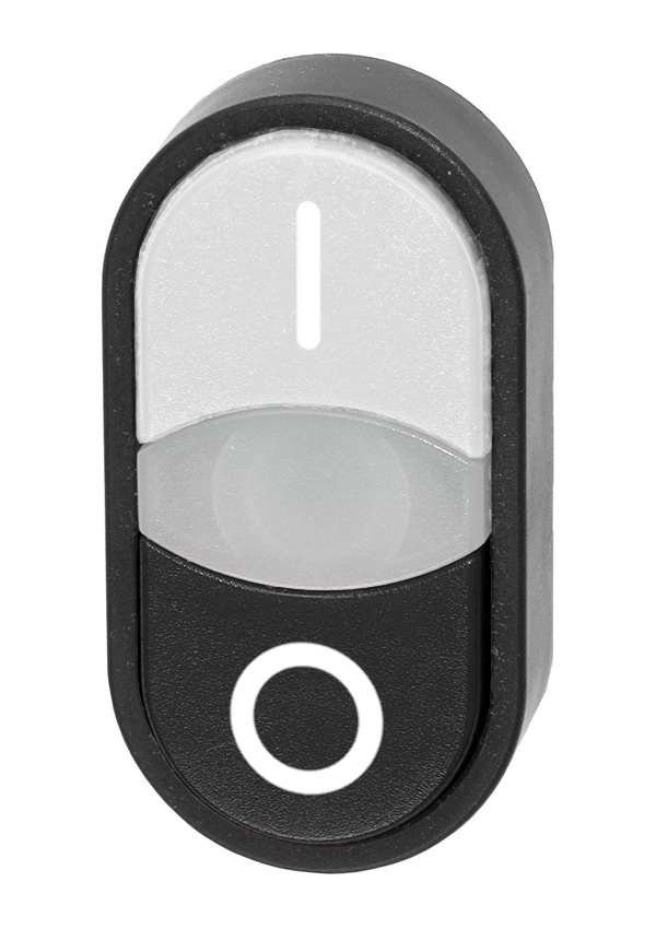 Кнопка двойная без фиксации с подсветкой (белая/черная), в отверстие 22,5мм, IP67, с белым индикатором, с кольцом черного цвета, с маркировкой (I-0) BS3DT WI/S0 Benedict