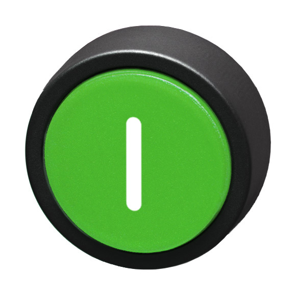 Кнопка зеленая без фиксации, в отверстие 22,5мм, IP67, с кольцом черного цвета, с маркировкой "I" BS3D GN-I Benedict