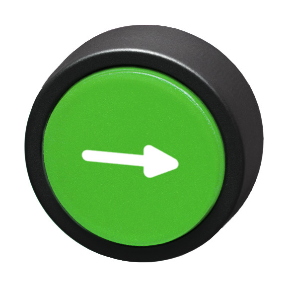 Кнопка зеленая без фиксации, в отверстие 22,5мм, IP67, с кольцом черного цвета, с маркировкой "-->" BS3D GN-PF Benedict