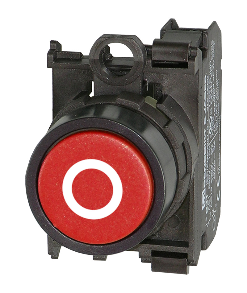 Кнопка красная без фиксации в сборе, в отверстие 22,5мм, IP67, с кольцом черного цвета, с маркировкой "0", (1NC) BS3D RT-0/01 Benedict