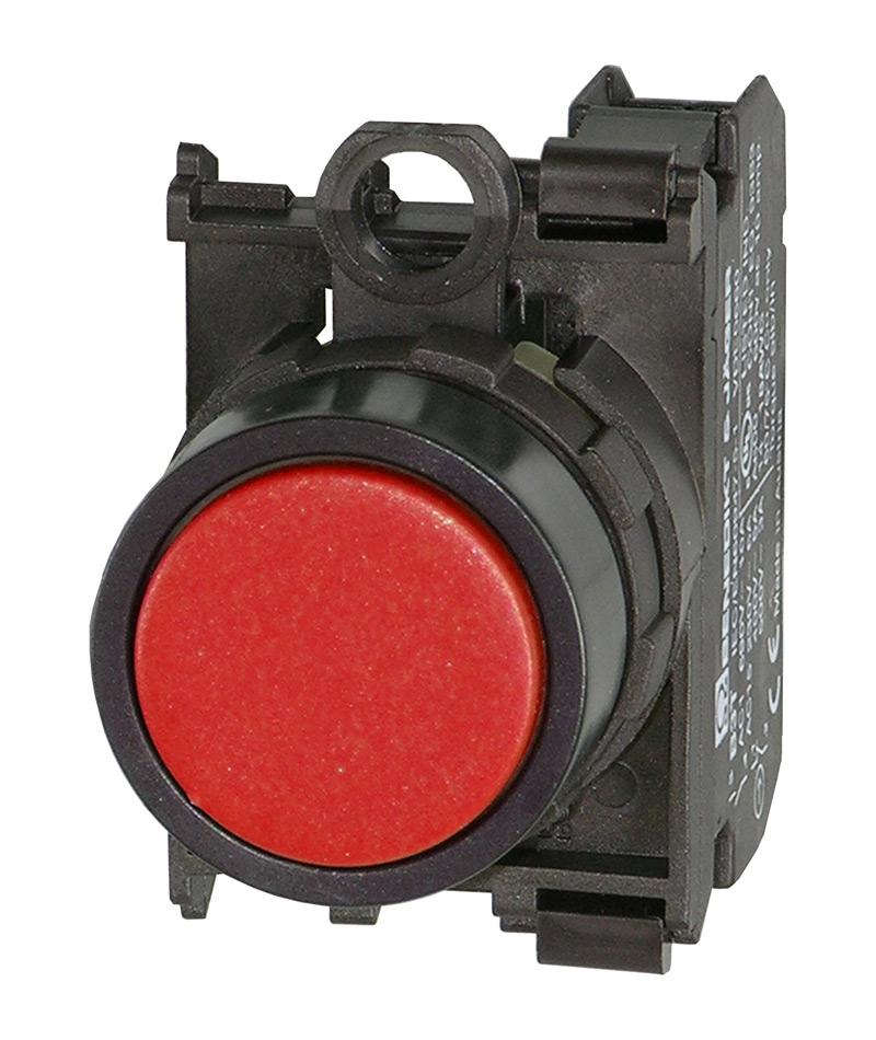 Кнопка красная без фиксации в сборе, в отверстие 22,5мм, IP67, с кольцом черного цвета, без маркировки, (1NC) BS3D RT/01 Benedict