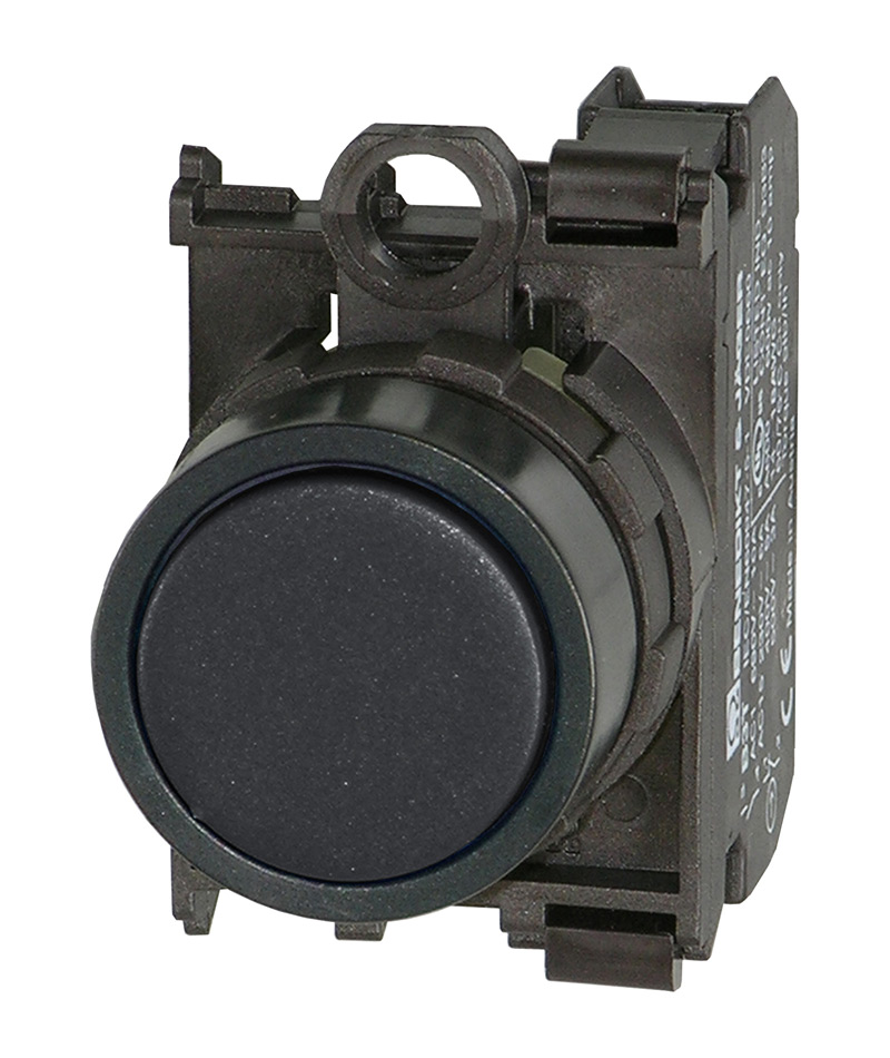 Кнопка черная без фиксации в сборе, в отверстие 22,5мм, IP67, с кольцом черного цвета, без маркировки, (1NO) BS3D SW/10 Benedict