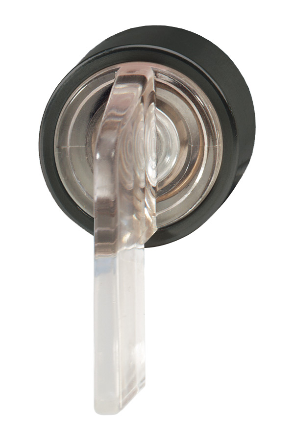 Поворотный переключатель прозрачный с подсветкой (удлиненная ручка), в отверстие 22,5мм, IP67, с кольцом черного цвета, (I-0-II) с автовозвратом в 0 BS3KRL1 Benedict