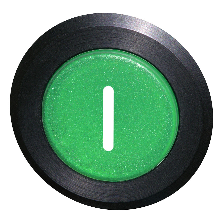 Кнопка зеленая без фиксаци, в отверстие 30,5мм, IP67, с кольцом черного цвета, с маркировкой "I" BS5D GN-I Benedict