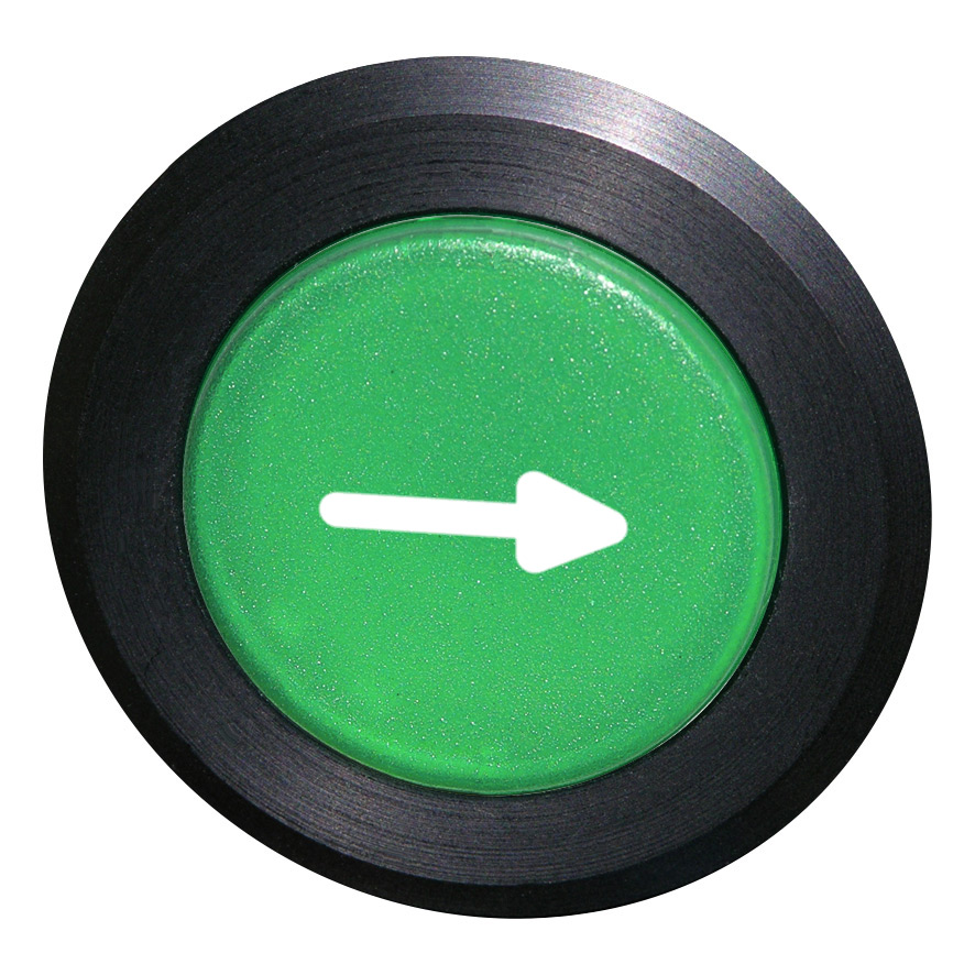 Кнопка зеленая без фиксаци, в отверстие 30,5мм, IP67, с кольцом черного цвета, с маркировкой "-->" BS5D GN-PF Benedict