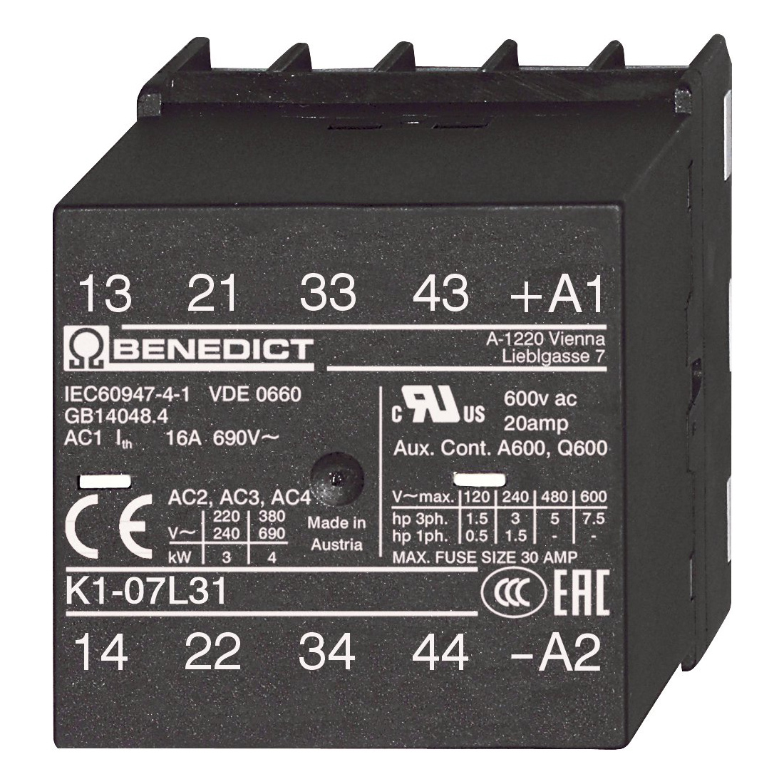 Миниконтактор-реле 3НО+1НЗ, катушка 110-115В AC для PCB K1-07L31 110 Benedict