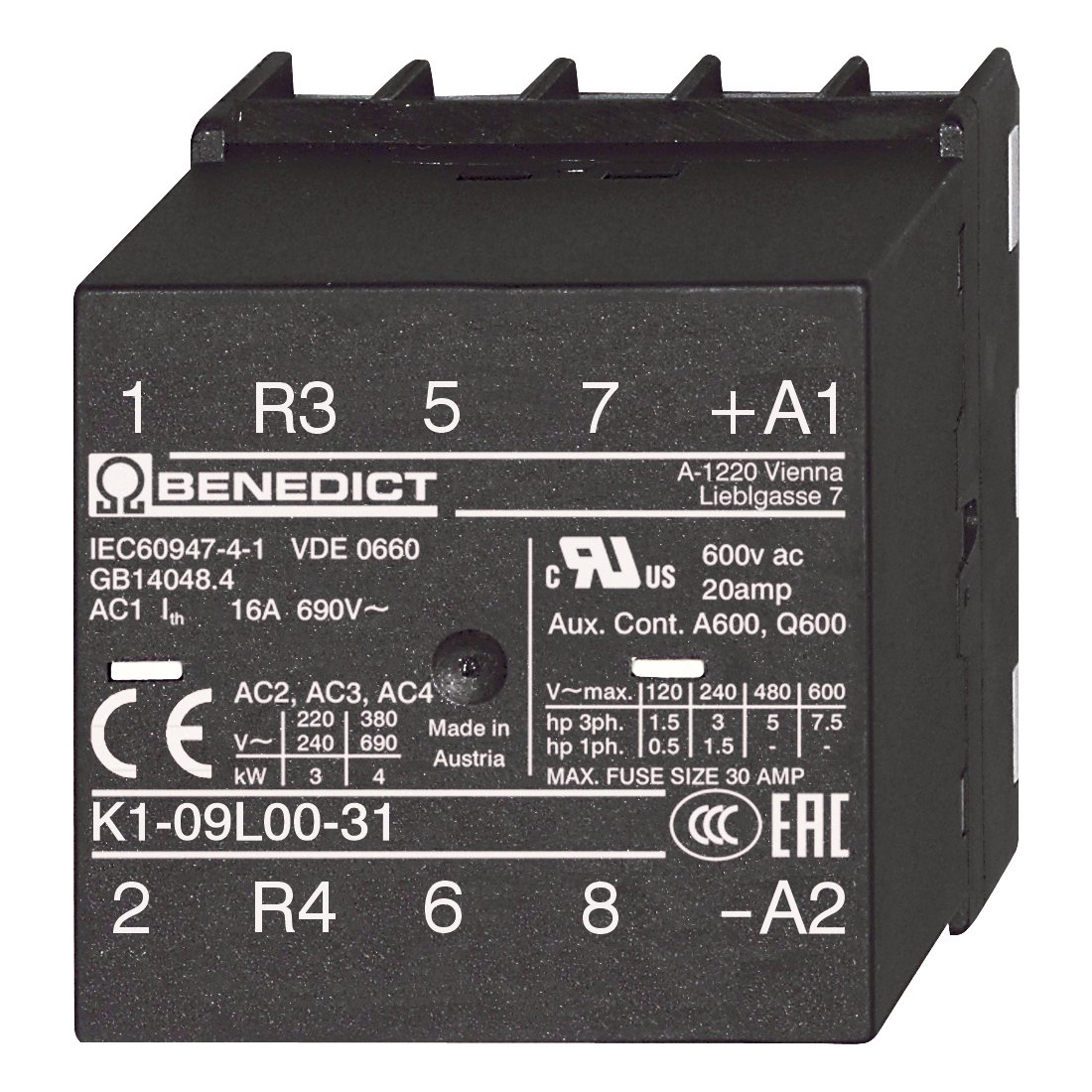 Миниконтактор 9А 3НО+1НЗ для печатной платы 220-230В AC K1-09L00-31 230 Benedict