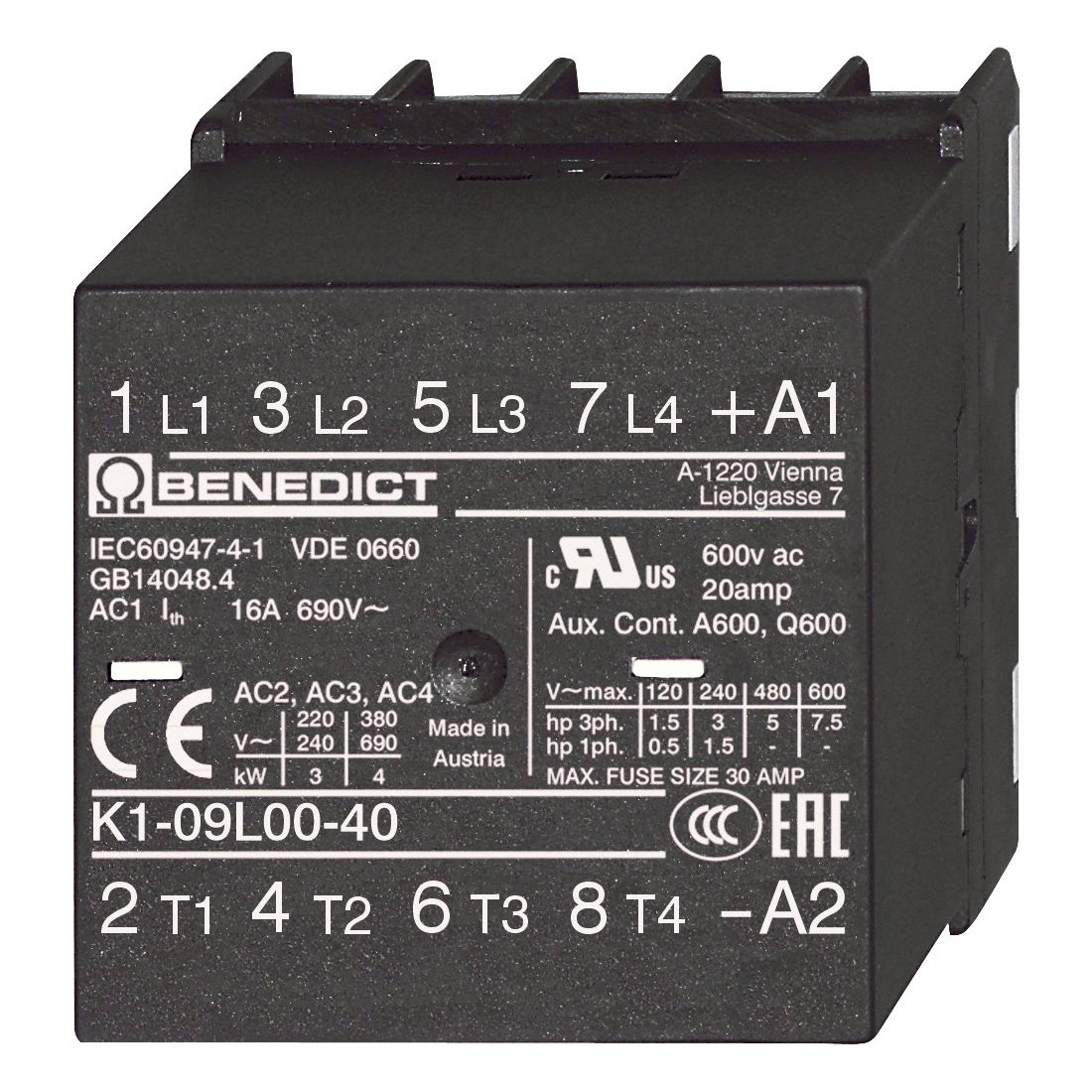 Миниконтактор 9А 4П для печатной платы 220-230В AC K1-09L00-40 230 Benedict